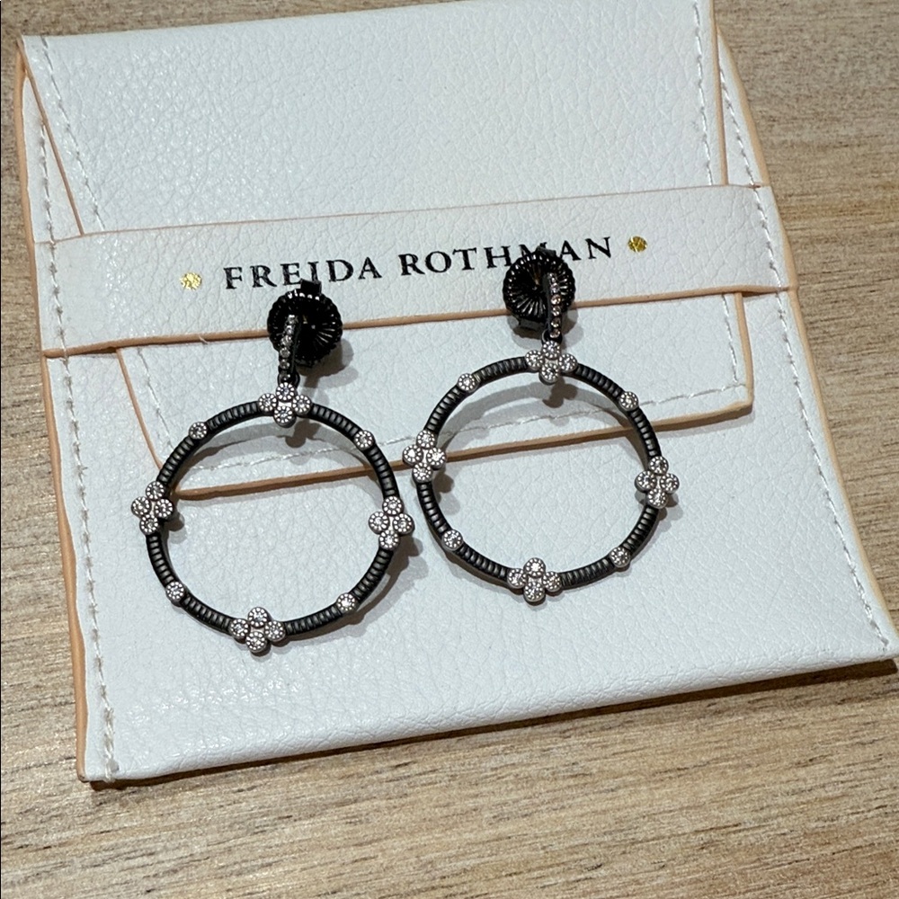 Freida Rothman Grey and Silver Floral Hoop Earrings